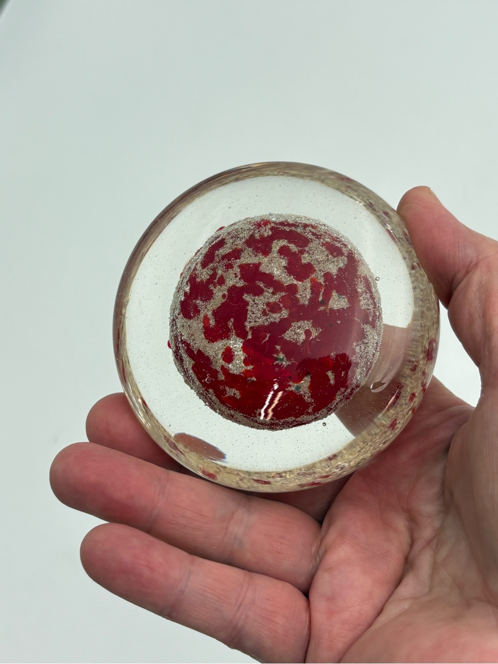 Vintage Paperweight Glass Dic With Tan/Golden Crystals and Red Accents